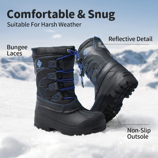 Kids Waterproof Shell Bottom Snow Boots - BLACK GREY ROYAL - 4